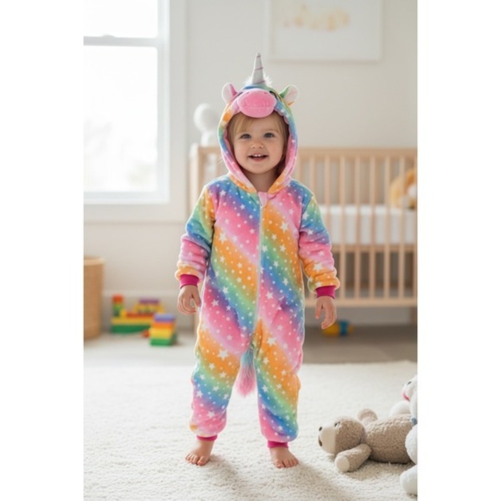 NEW Girls Unicorn Rainbow Star‎ Fleece 2T Onesie Costume Hooded Zipper